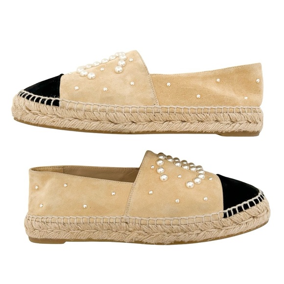 Chanel Beige Pearl Studded CC Logo Two Tone Black Cap Toe Suede Espadrilles 37 - Picture 5 of 11
